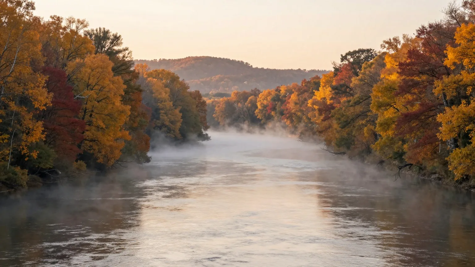 Herbstliche Flusslandschaft bei Sonnenaufgang von einem Hügel aus gesehen, Nebel über dem Wasser, goldene und rote Wälder an beiden Ufern