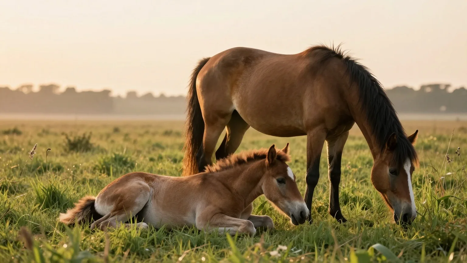 Ein Fohlen liegt im hohen Gras neben seiner grasenden Mutter auf einer Wiese bei Sonnenaufgang