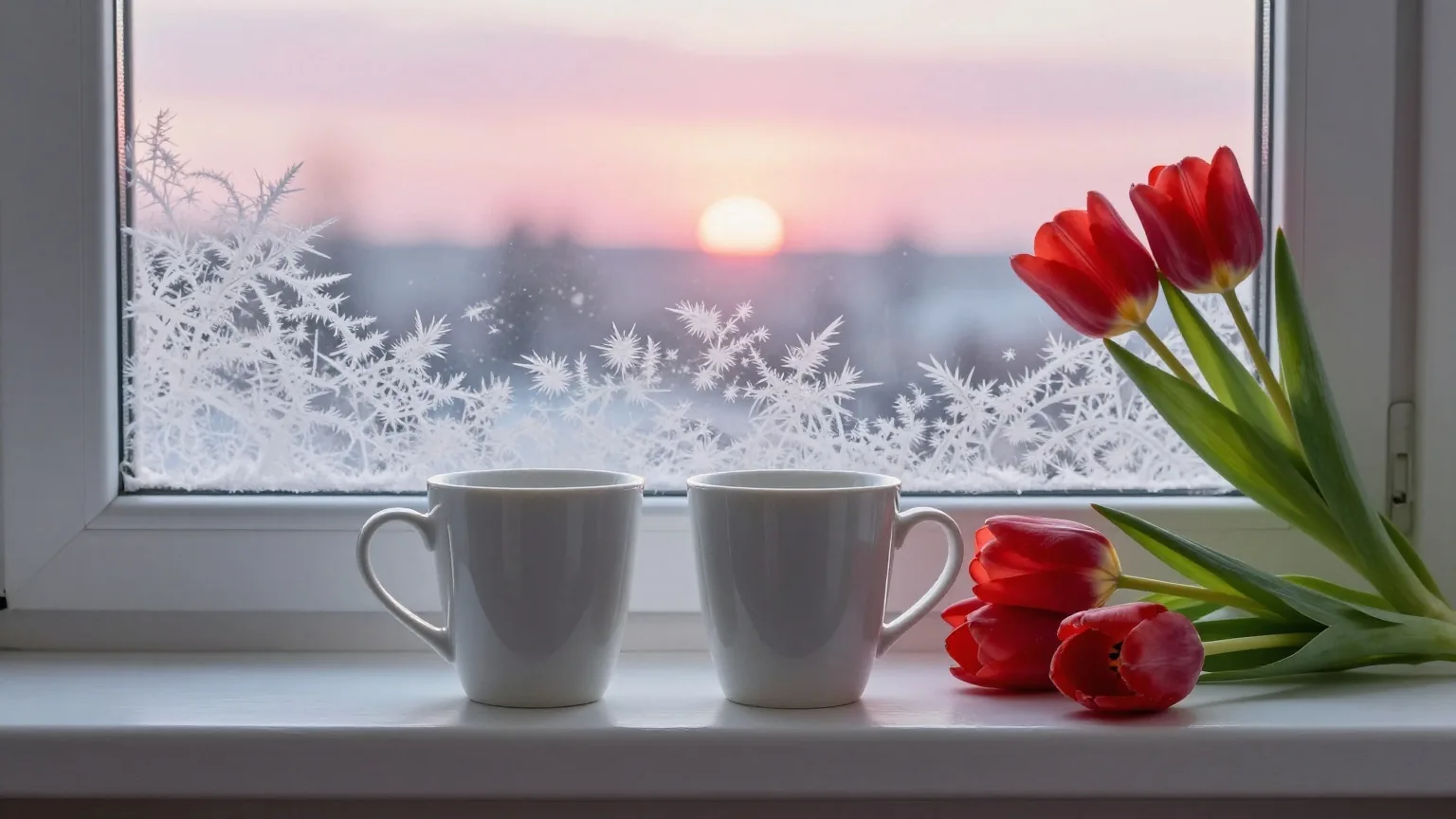 Zwei Kaffeetassen nebeneinander auf einer Fensterbank neben roten Tulpen, am Glas Eisblumen, draußen rosa Morgenhimmel