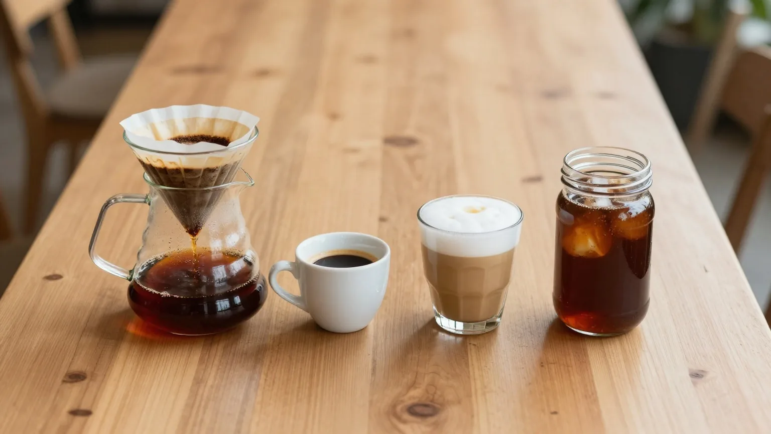 Vier Kaffeezubereitungen nebeneinander auf einem Holztisch im Morgenlicht: Filterkaffee in der Glaskanne, Espresso, Cappuccino und ein Glas mit Cold Brew