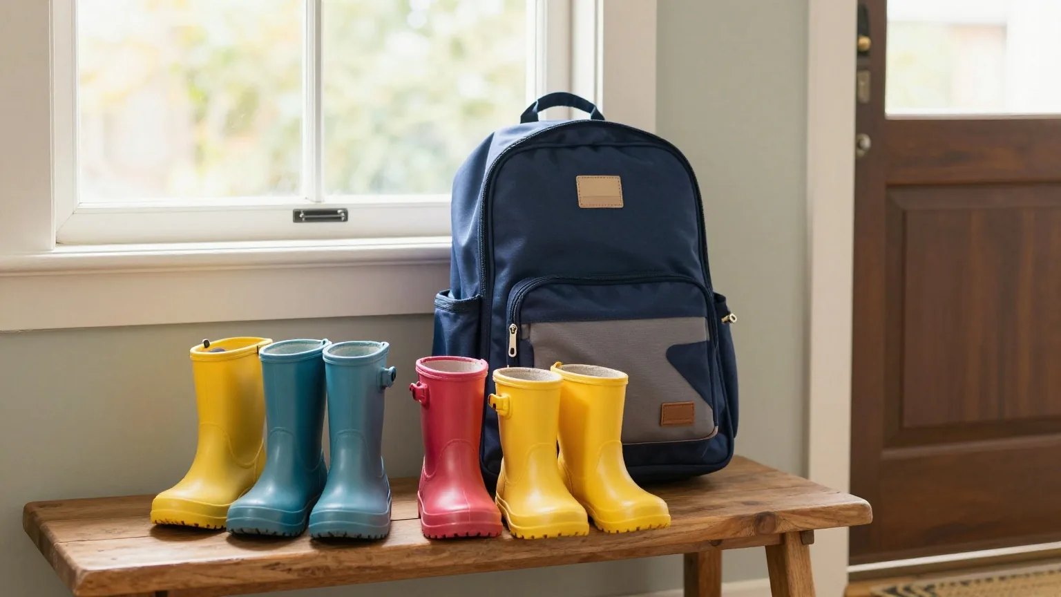 Zwei Paar bunte Kindergummistiefel und zwei Schulranzen stehen aufgereiht an einer Bank neben der Haustür, Morgenlicht fällt durchs Fenster