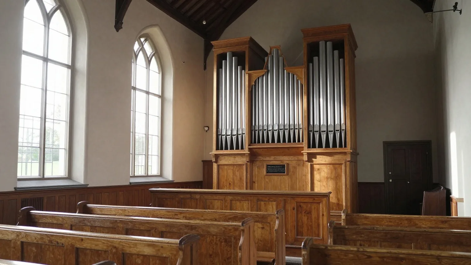 Morgensonne fällt durch hohe Klarglasfenster in eine leere Dorfkirche und lässt die silbernen Pfeifen einer kleinen Orgel und die Holzbänke leuchten