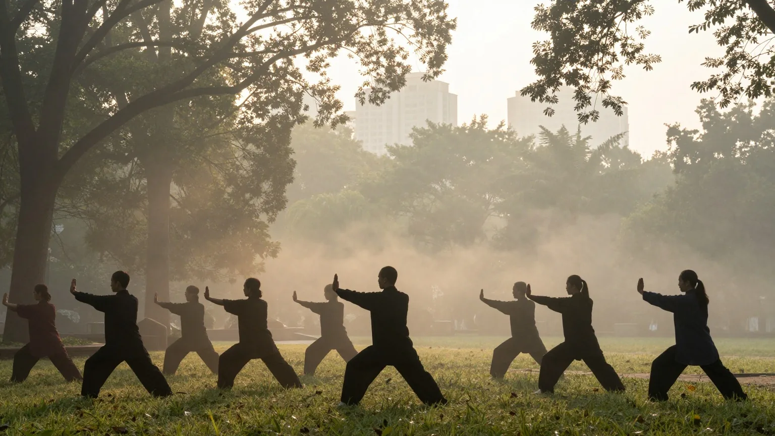 Silhouetten einer kleinen Gruppe bei langsamen Taijiquan-Bewegungen in einem nebligen Stadtpark bei Sonnenaufgang, von hinten gesehen
