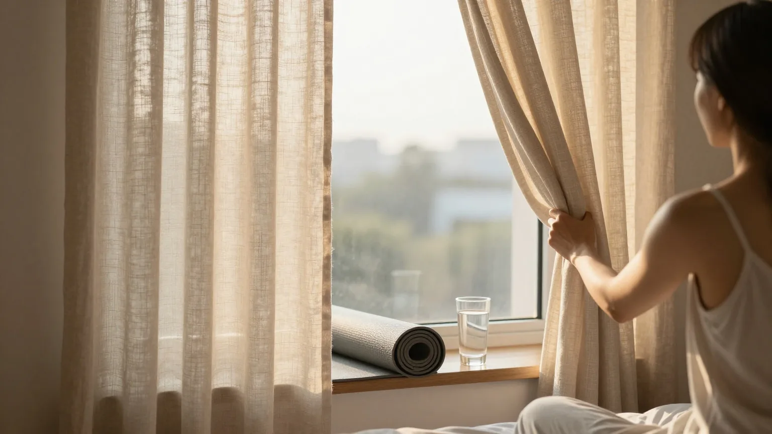 Eine Person öffnet, von hinten gesehen, helle Leinenvorhänge; Morgensonne fällt auf eine ausgerollte Yogamatte und ein Glas Wasser auf der Fensterbank