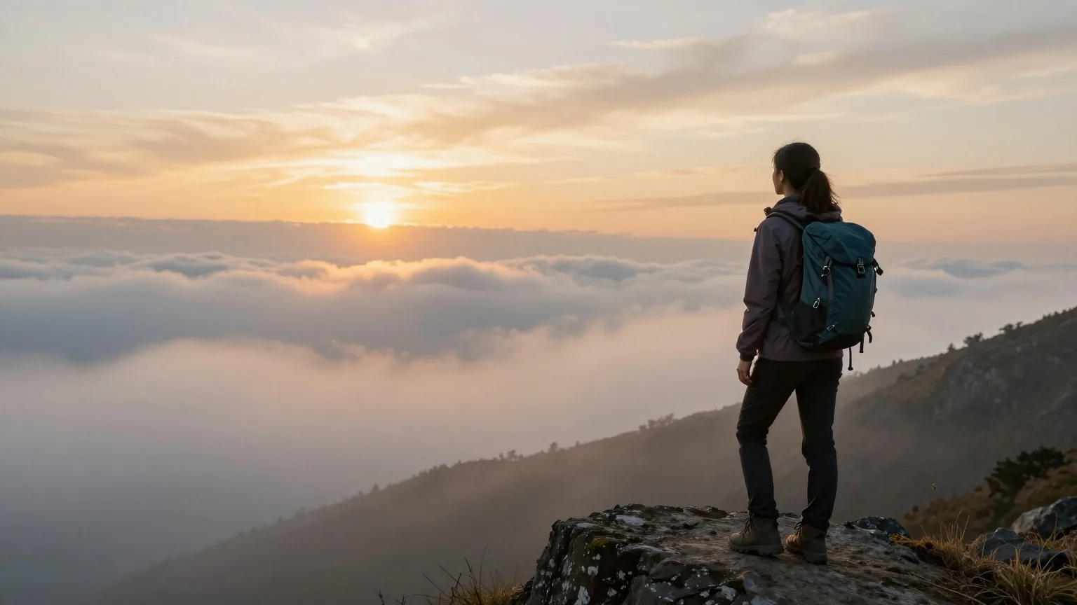 Eine Wanderin steht, von hinten gesehen, auf einem Bergkamm im Morgengrauen und blickt über ein Nebelmeer, das die aufgehende Sonne golden färbt