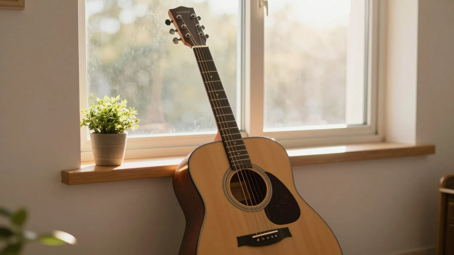 Akustikgitarre lehnt am sonnigen Fensterrahmen, daneben eine kleine Topfpflanze im goldenen Morgenlicht