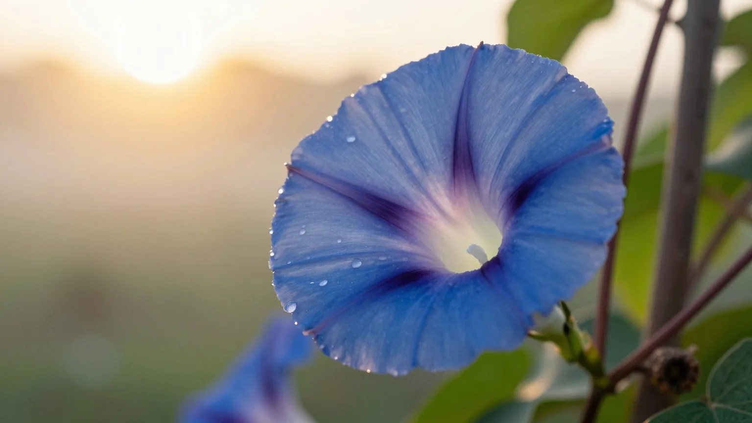 Eine blaue Prunkwinde öffnet ihre Blüte im ersten Sonnenlicht, Tautropfen liegen auf den Blütenblättern