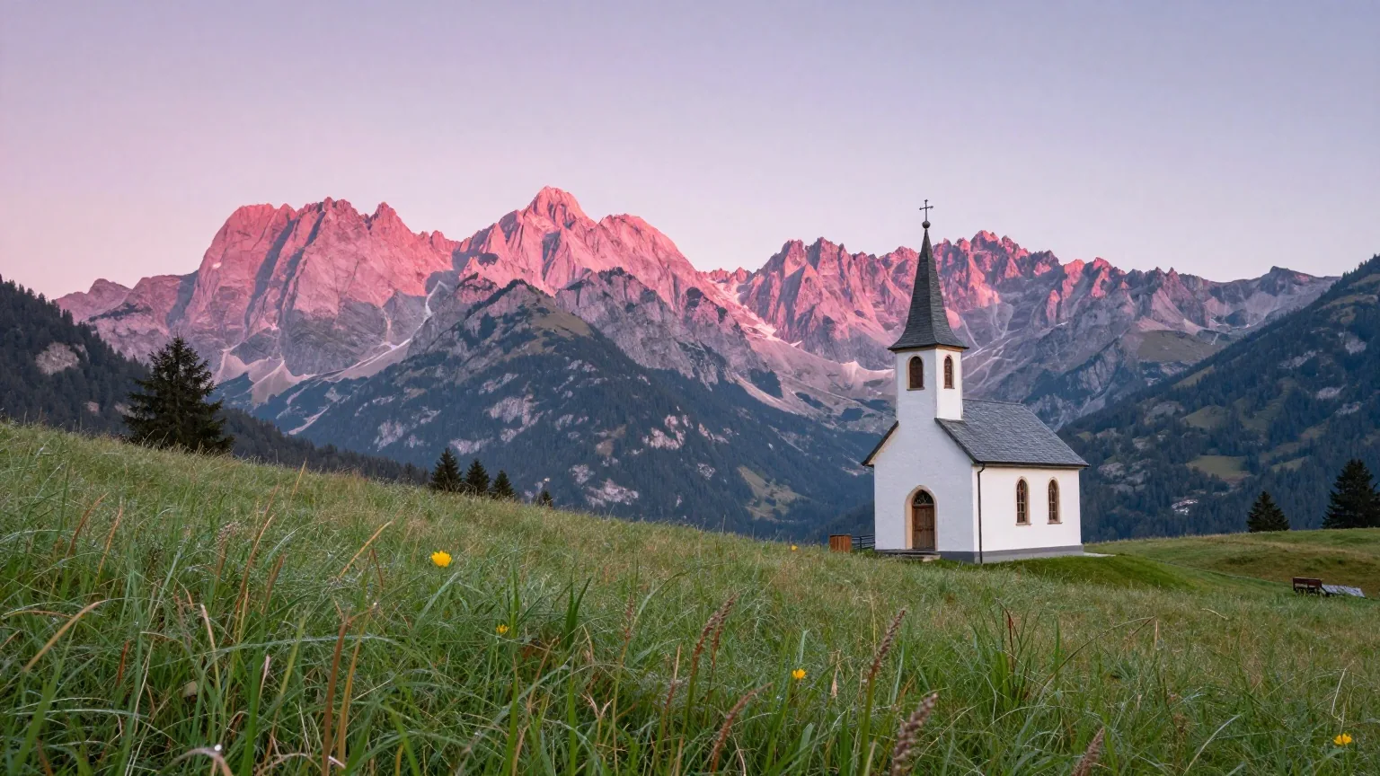Eine kleine weiße Kapelle auf einer Almwiese bei Sonnenaufgang, aus der Ferne gesehen, dahinter leuchten die Berggipfel rosa im ersten Licht