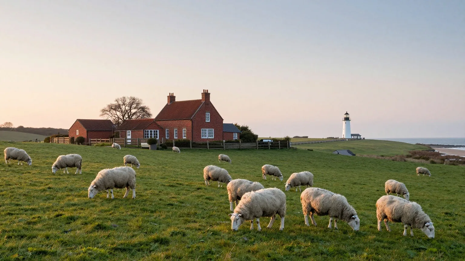 Grüner Deich an der Nordsee bei Sonnenaufgang mit grasenden Schafen, dahinter ein rotes Backsteinhaus und in der Ferne ein Leuchtturm