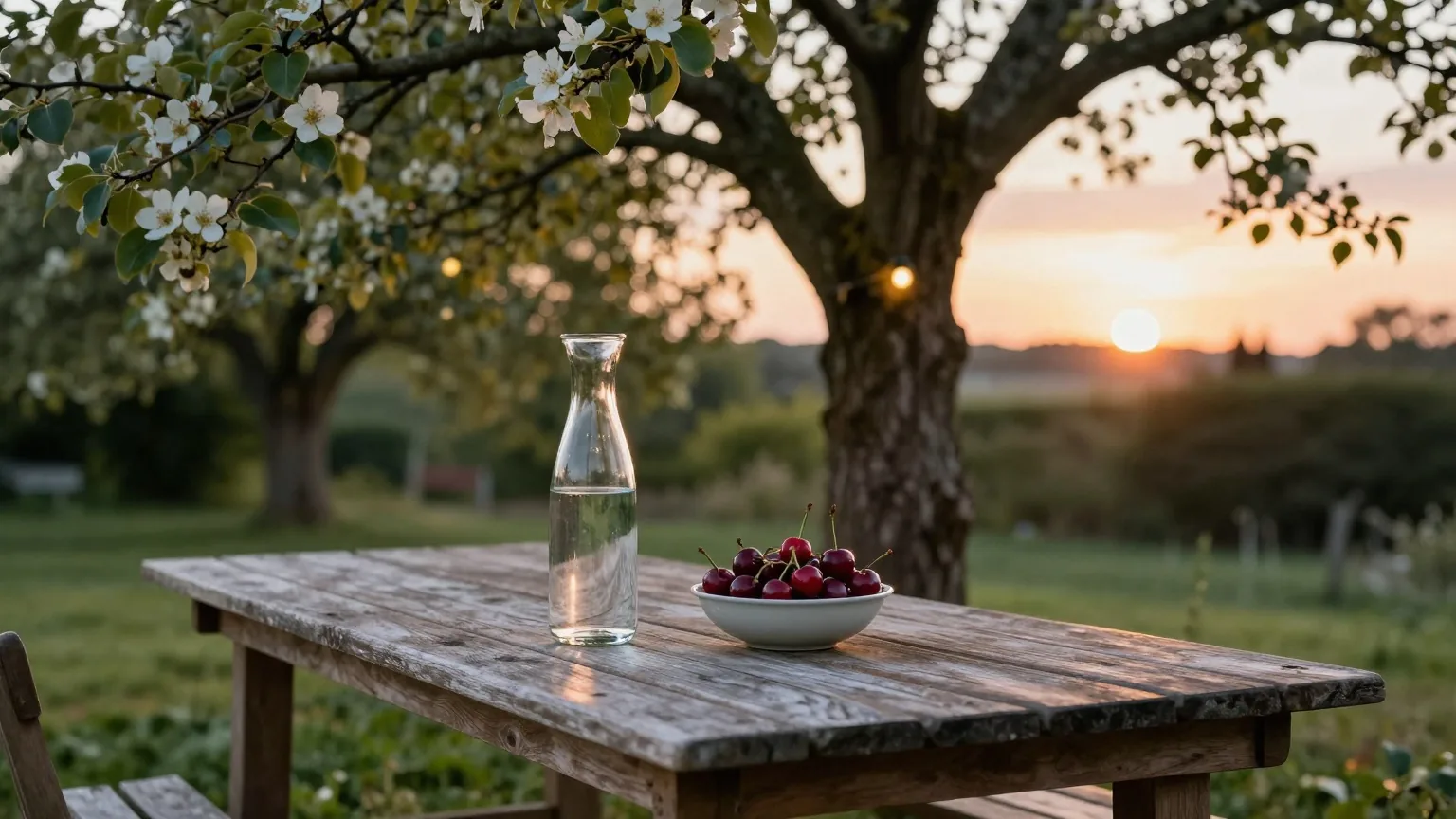 Langer Holztisch unter einem alten Birnbaum bei Sonnenuntergang mit Wasserkaraffe und einer Schale Kirschen, die Lichterkette geht gerade an