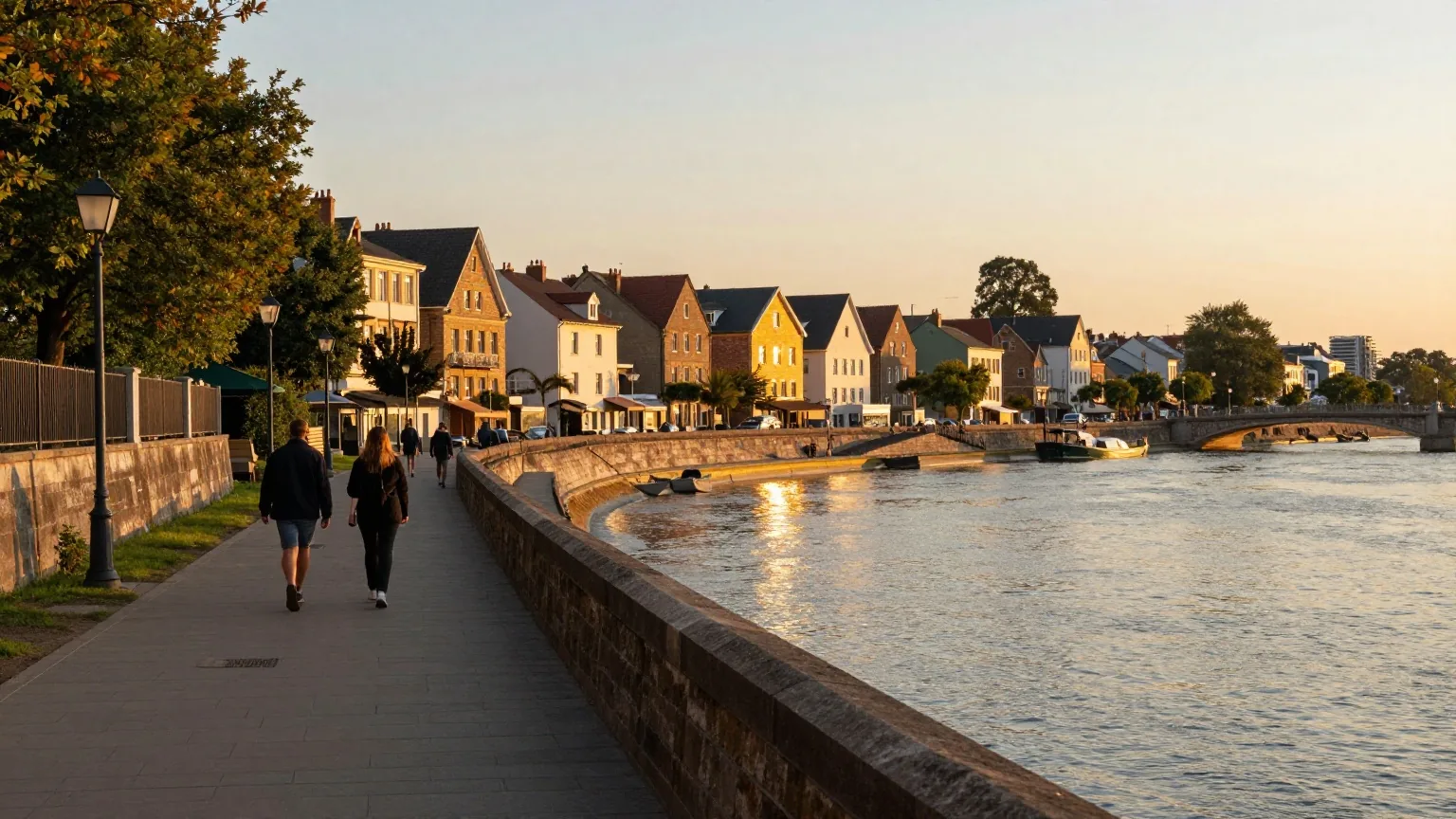Uferpromenade im goldenen Abendlicht, in der Ferne gehen einige Menschen nach Hause, die Altstadthäuser leuchten warm