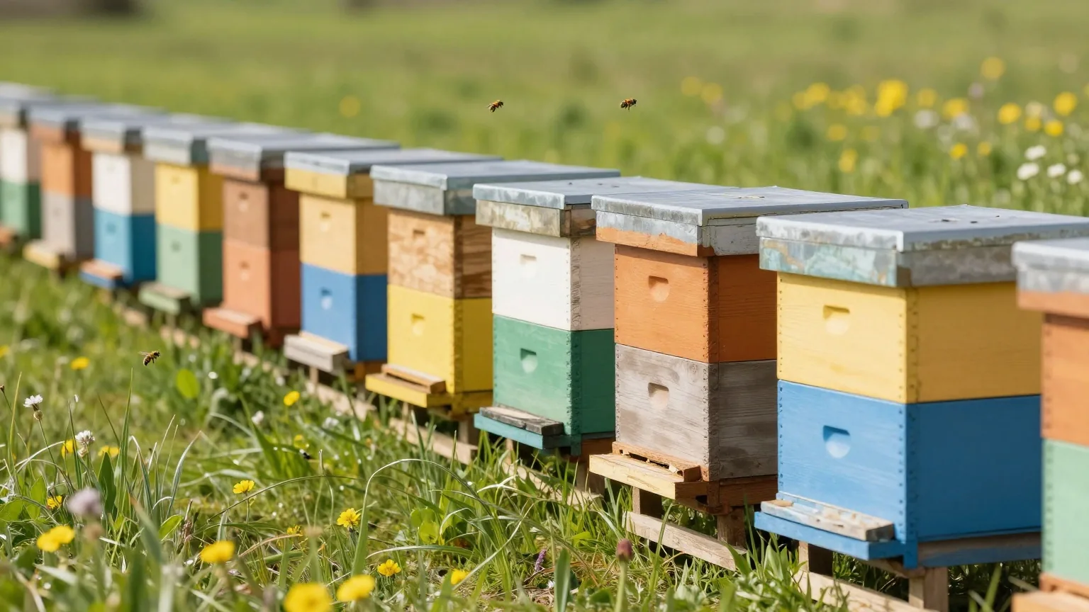 Bunte hölzerne Bienenkästen am Rand einer blühenden Wiese in heller Vormittagssonne