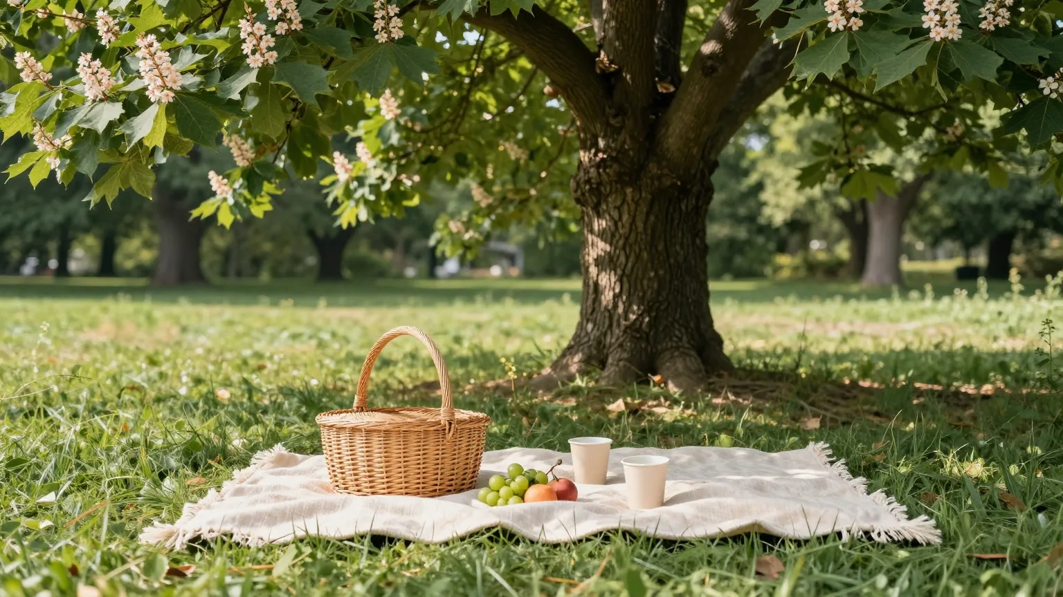Picknickdecke mit Weidenkorb, frischem Obst und zwei Bechern unter einer großen Kastanie im Park, Morgensonne