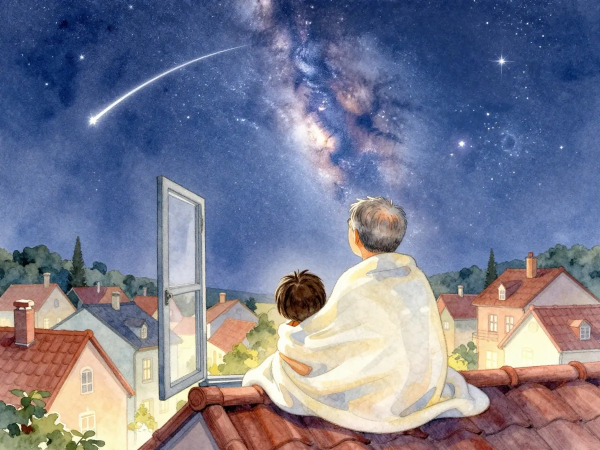 Aquarell: Großvater und Kind von hinten am offenen Dachfenster, gemeinsam in eine Decke gehüllt, über ihnen die Milchstraße und eine Sternschnuppe