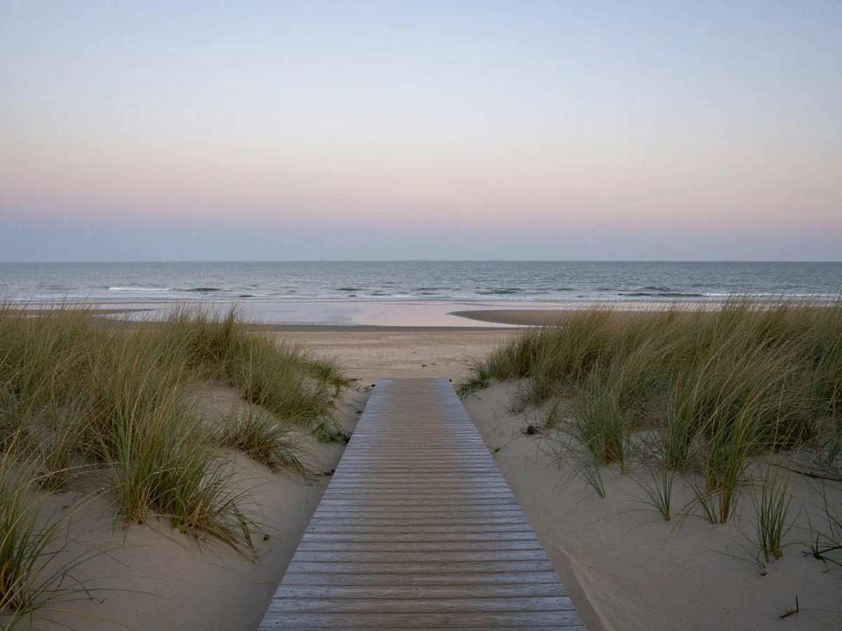 Dünen mit Strandhafer zur blauen Stunde, ein schmaler Bohlenweg führt zum ruhigen Meer, nasser Sand spiegelt den Himmel