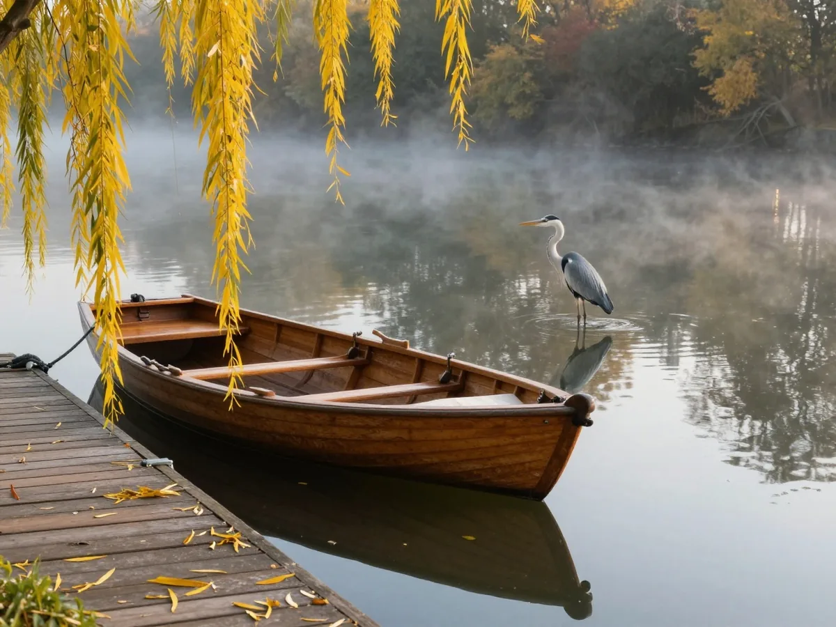 Ruderboot an einem Steg auf einem stillen Fluss am Herbstabend, Nebel über dem Wasser, gelbe Weidenblätter und ein Graureiher im Flachwasser