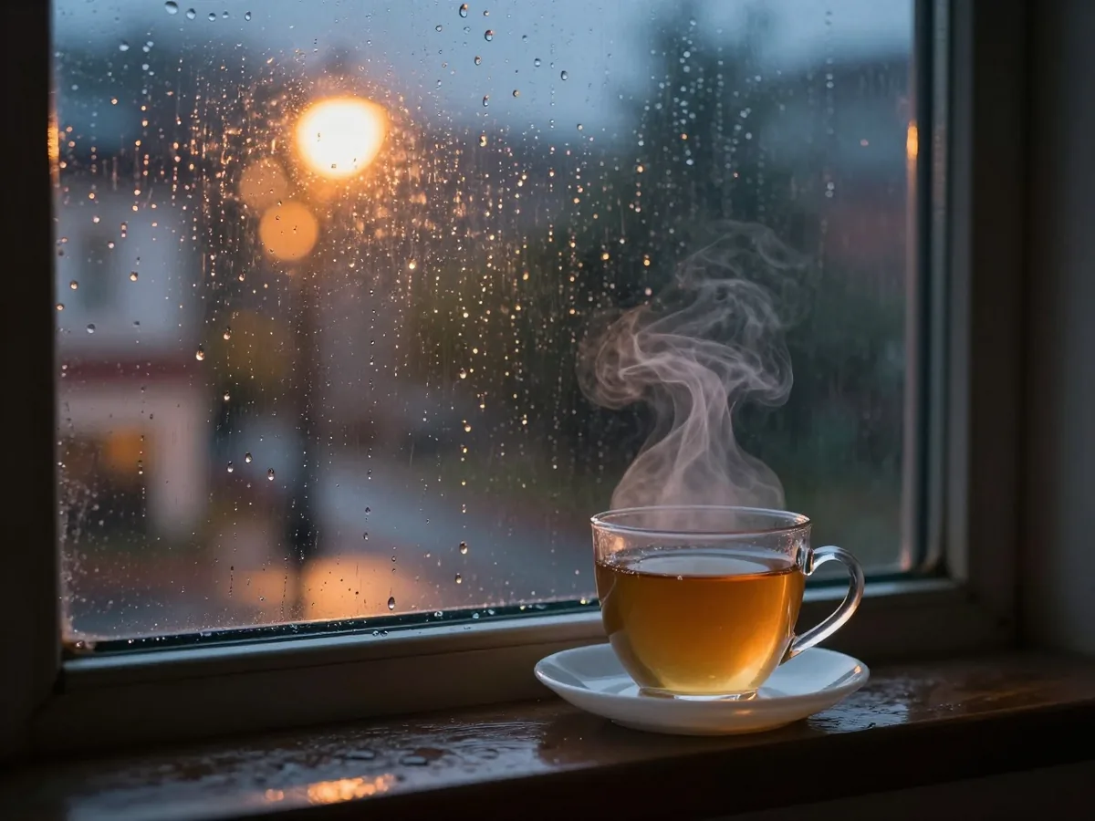 Regentropfen an einer Fensterscheibe bei Nacht, draußen eine leuchtende Laterne, auf dem Fensterbrett eine dampfende Tasse Tee