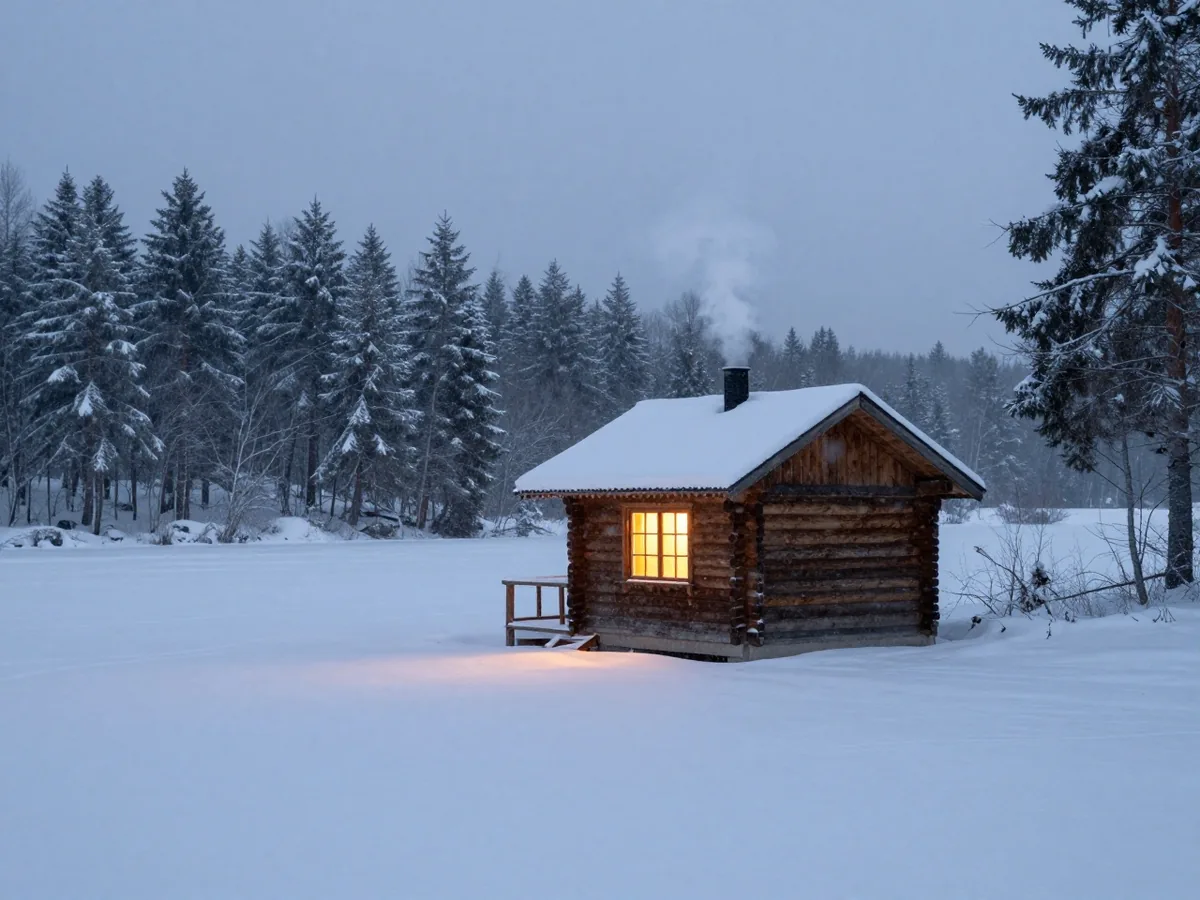 Kleine Holzhütte an einem zugefrorenen See in der Dämmerung, dichter Schneefall, warmes Licht in den Fenstern und Rauch aus dem Schornstein