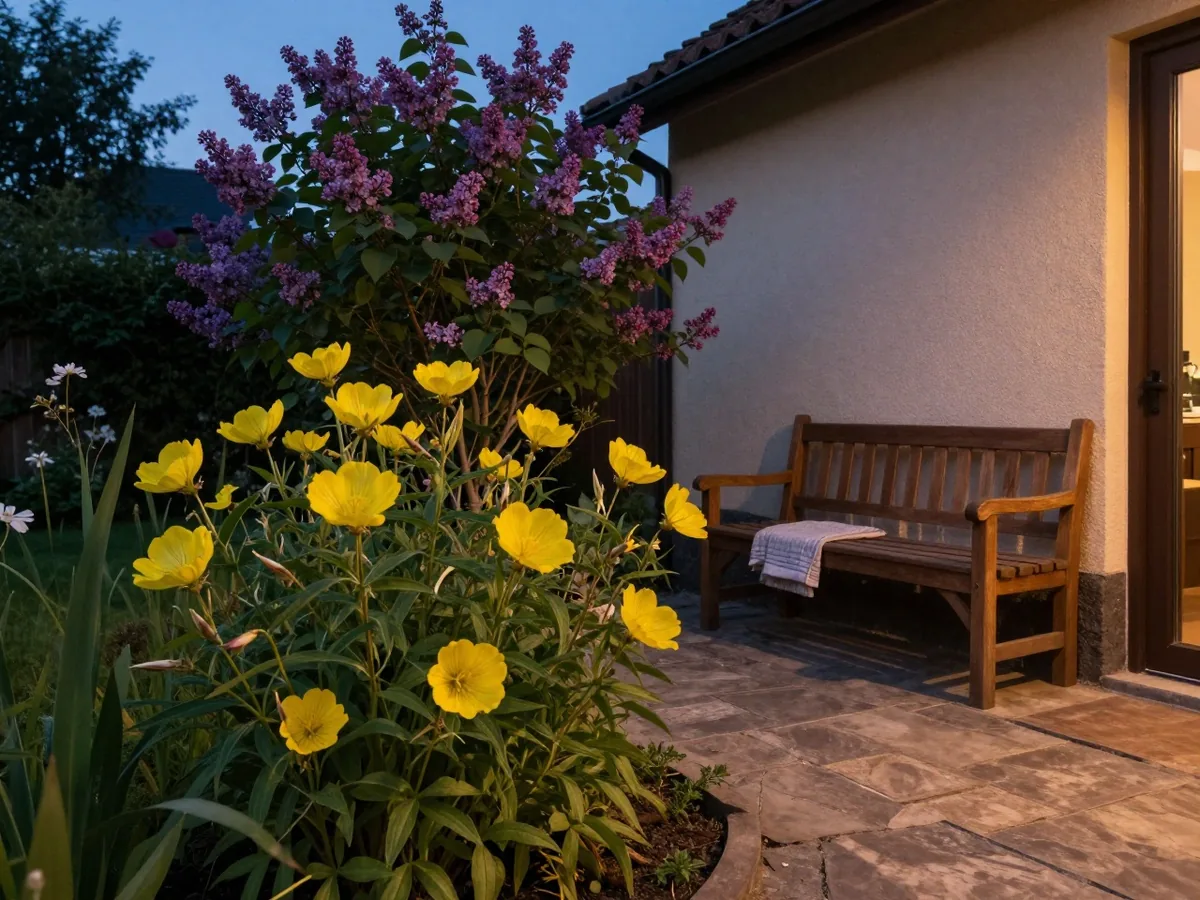Sommergarten in der Dämmerung: Nachtkerzen öffnen ihre gelben Blüten am Steinweg, eine Holzbank an der Hauswand, lila Abendhimmel