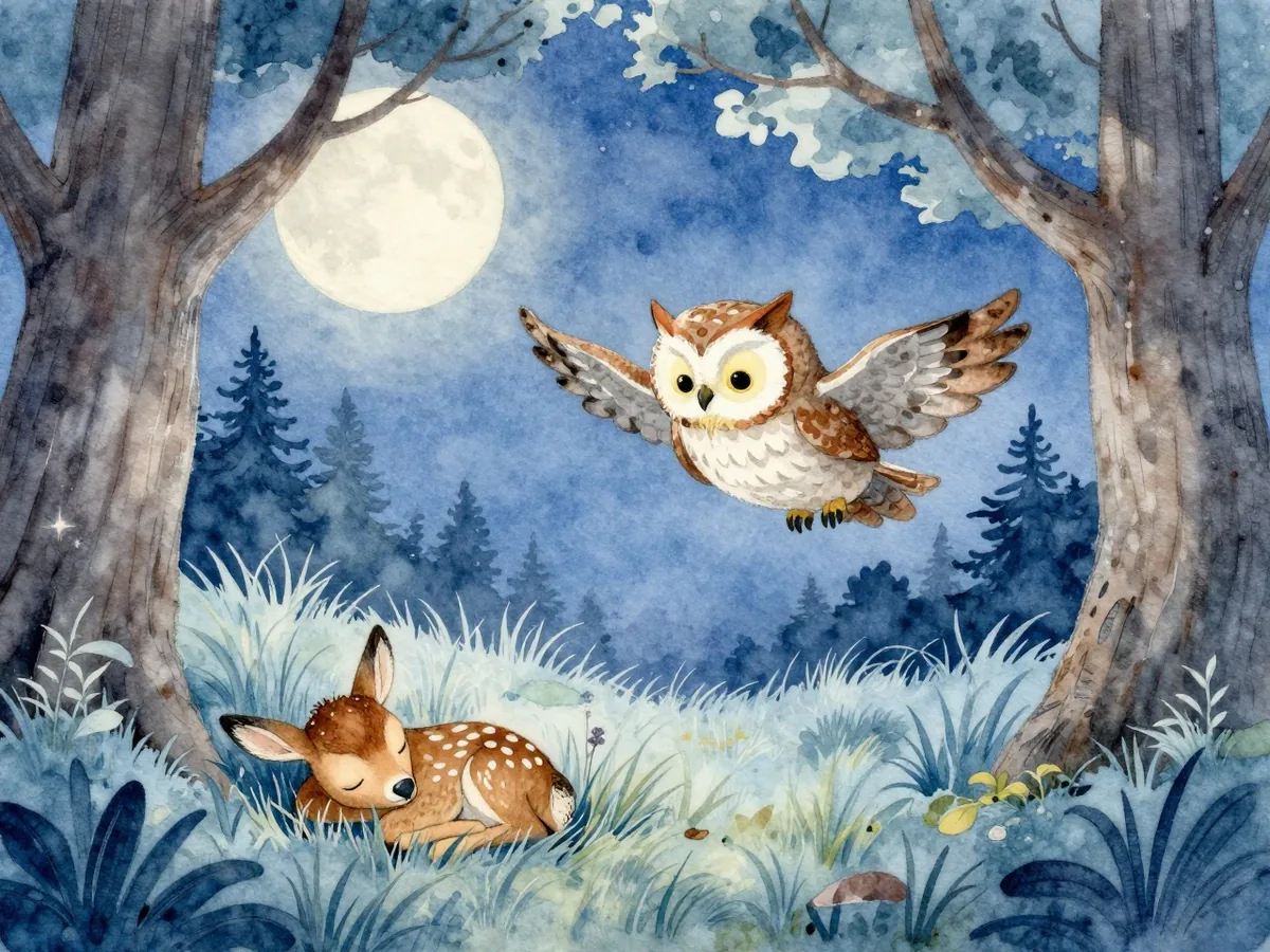 Aquarell: Eine Eule gleitet lautlos über eine mondhelle Lichtung, auf der ein Rehkitz zusammengerollt im hohen Gras schläft