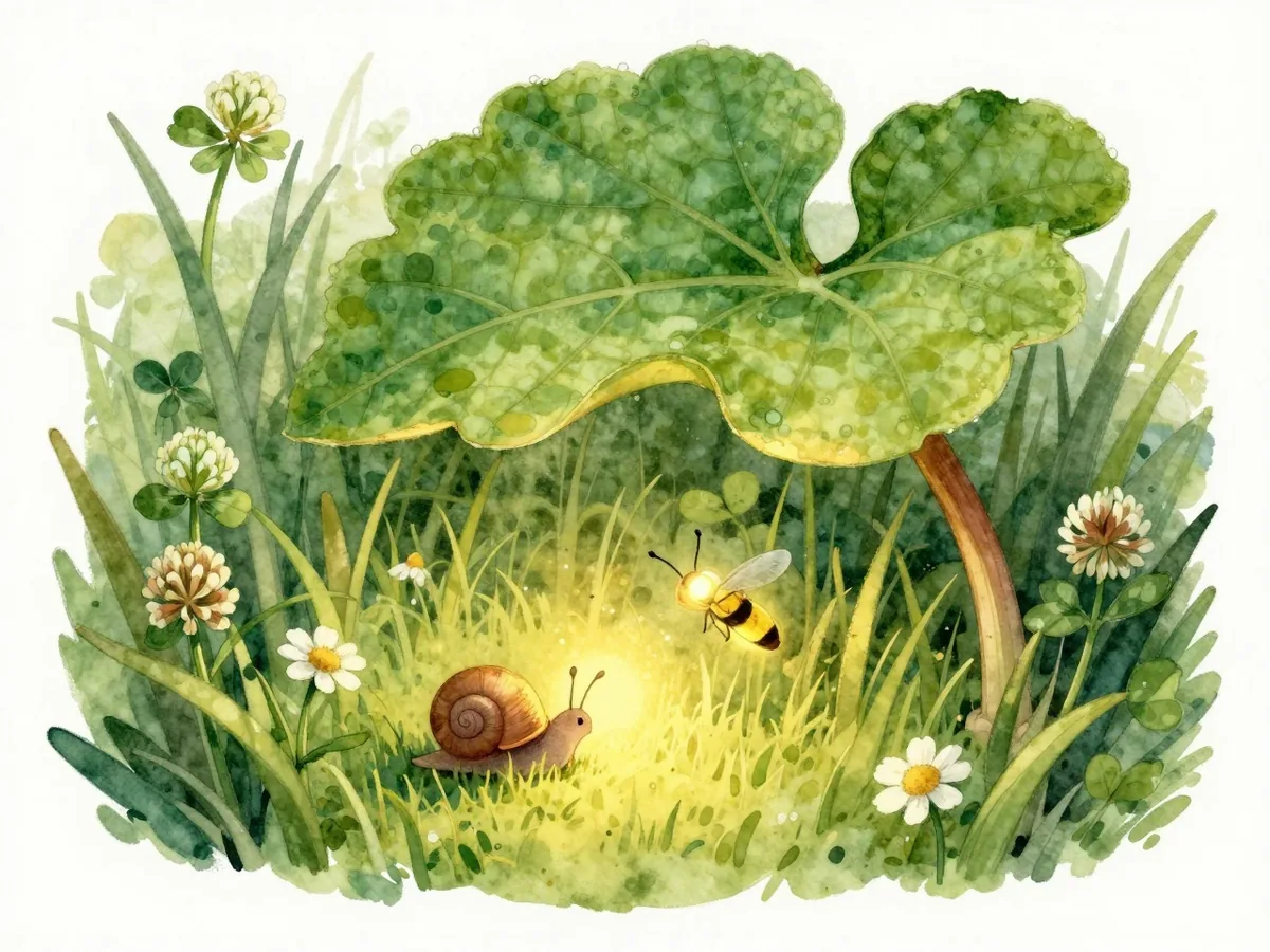 Aquarell: Ein winziges Glühwürmchen leuchtet einer Schnecke im hohen Gras den Weg zu einem großen Rhabarberblatt
