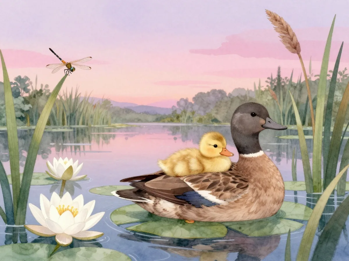 Aquarell: Ein Entenküken kuschelt sich am Teichufer unter den Flügel seiner Mutter, daneben Seerosen und eine Libelle im Abendlicht