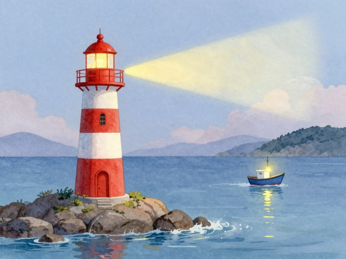 Aquarell: Rot-weißer Leuchtturm auf einer kleinen Felseninsel in der Abenddämmerung, ein blaues Boot fährt in den Hafen, im Fenster sitzt eine Katze