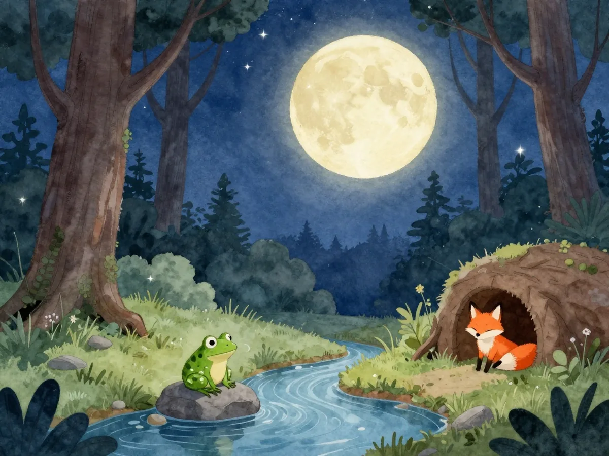 Aquarell: Großer heller Vollmond über einem schlafenden Wald, am Bach sitzt ein Frosch auf einem Stein, ein Fuchs schaut aus seinem Bau