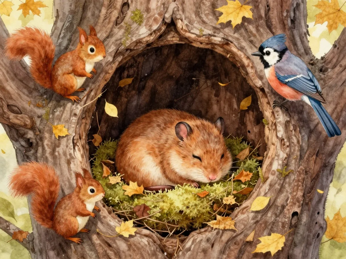 Aquarell: Eine Siebenschläferin rollt sich in ihrem Nest aus Moos und Laub ein, ein Eichhörnchen und ein Eichelhäher schauen zum Abschied herein