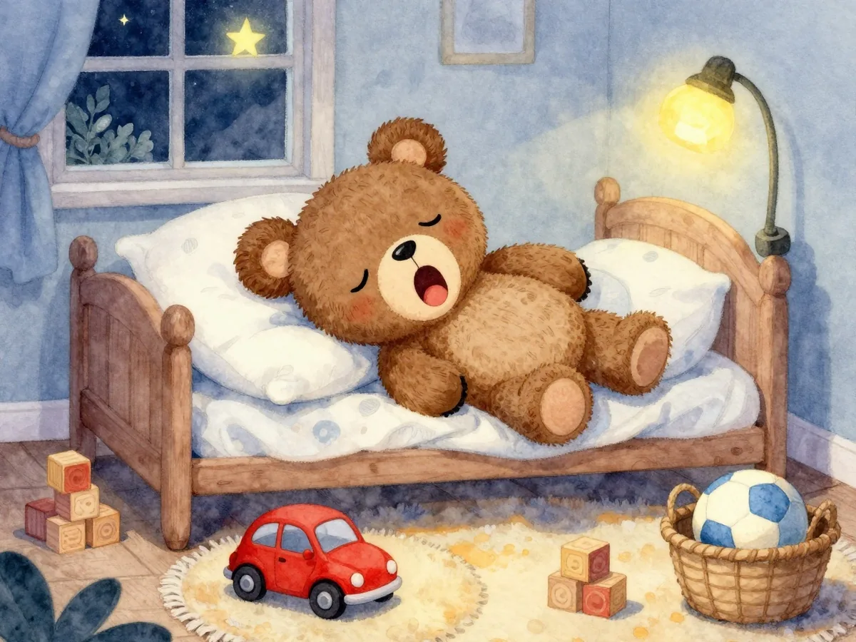 Aquarell: Ein gähnender Teddybär auf einem Kopfkissen, davor ein rotes Spielzeugauto, gestapelte Bauklötze und ein Ball im Korb, am Fenster blinkt ein Stern
