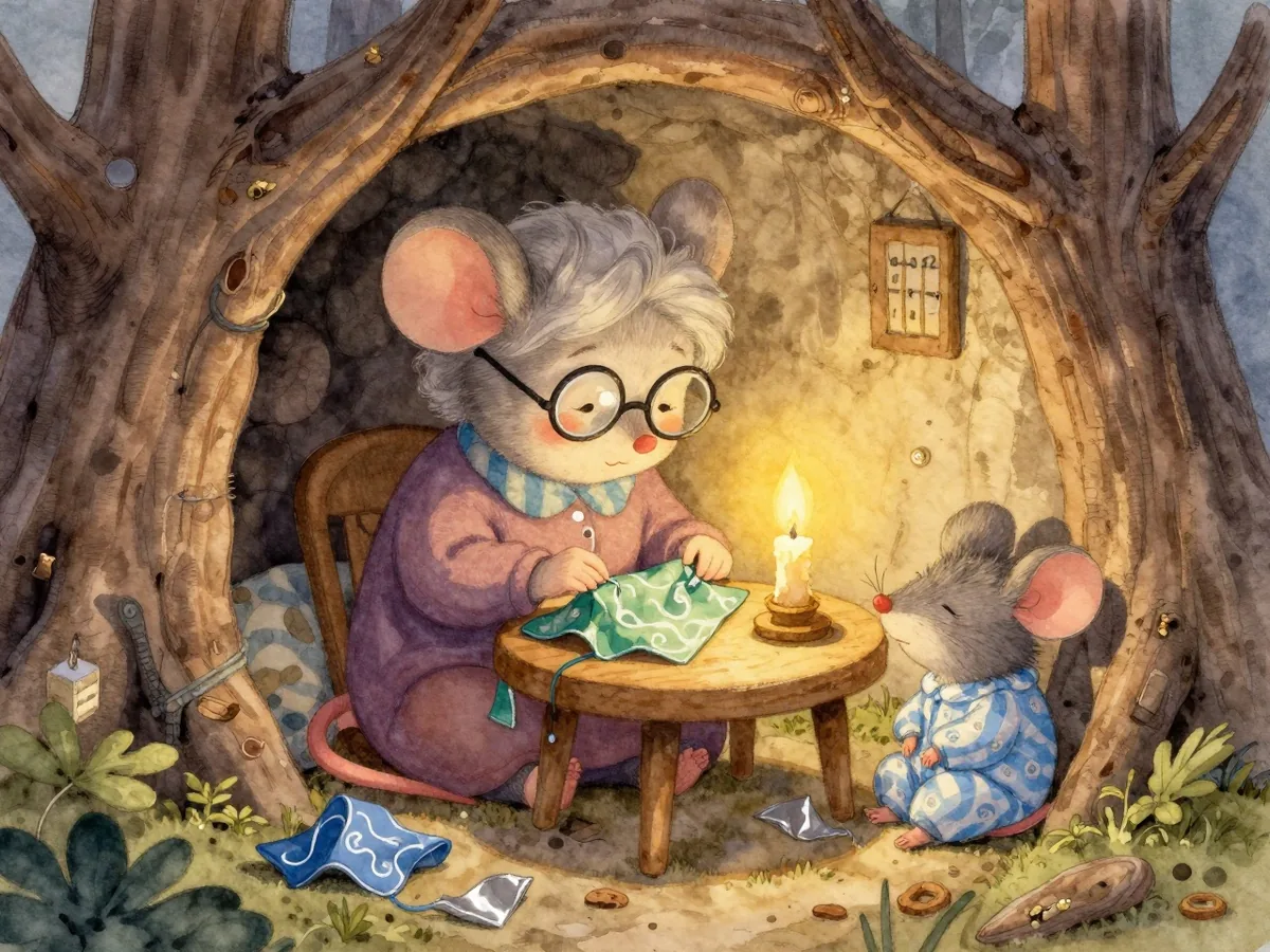 Aquarell: Eine alte Maus mit runder Brille näht in einer Baumhöhle aus Stoffresten, ein kleiner Mäuserich im Schlafanzug schaut müde zu, eine einzelne Kerze brennt