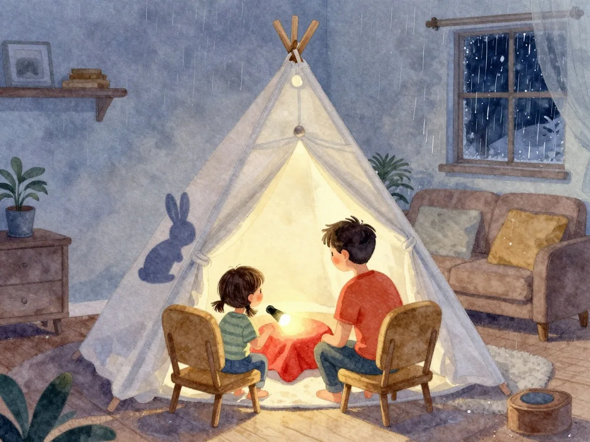 Aquarell: Vater und Kind von hinten in einem Deckenzelt im Wohnzimmer, eine rot leuchtende Taschenlampe, ein Schattenhase an der Zeltwand, Regen am Fenster