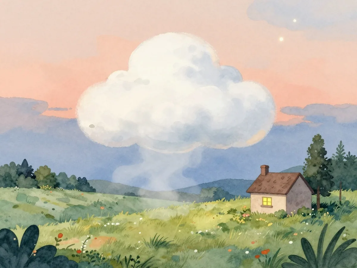 Aquarell: Eine kleine weiße Wolke legt sich als Nebel über eine Wiese, am Rand ein Häuschen mit erleuchtetem Fenster, darüber die ersten Sterne