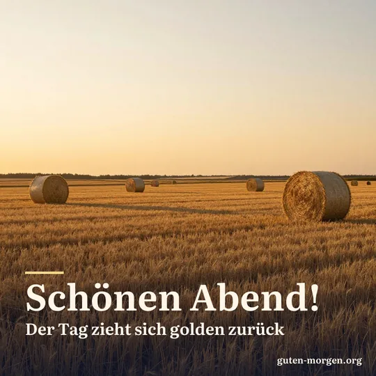 Goldener Sonnenuntergang über einem reifen Weizenfeld mit runden Strohballen, die lange Schatten werfen; Schrift: „Schönen Abend! Der Tag zieht sich golden zurück“