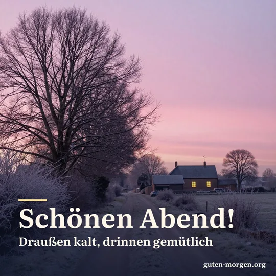 Frostiger Feldweg in der winterlichen Abenddämmerung, kahle Bäume vor rosa leuchtendem Himmel, in der Ferne ein Bauernhaus mit warmen Fenstern; Schrift: „Schönen Abend! Draußen kalt, drinnen gemütlich“
