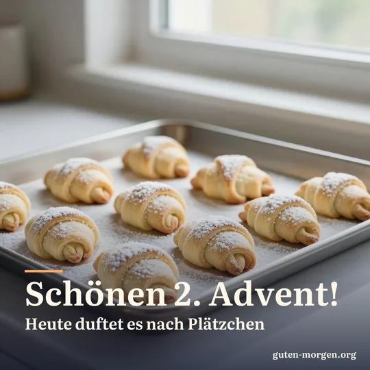 Frisch gebackene Vanillekipferl mit Puderzucker auf einem Backblech im Morgenlicht vom Küchenfenster; Schrift: „Schönen 2. Advent! Heute duftet es nach Plätzchen“