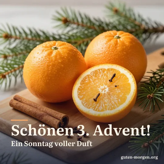 Mit Nelken gespickte Orangen und Zimtstangen auf einem Holzbrett im warmen Morgenlicht, umgeben von Tannenzweigen; Schrift: „Schönen 3. Advent! Ein Sonntag voller Duft“