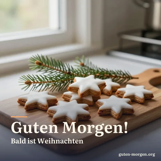 Zimtsterne mit weißer Glasur auf einem Holzbrett, daneben ein Tannenzweig, warmes Morgenlicht vom Küchenfenster; Schrift: „Guten Morgen! Bald ist Weihnachten“