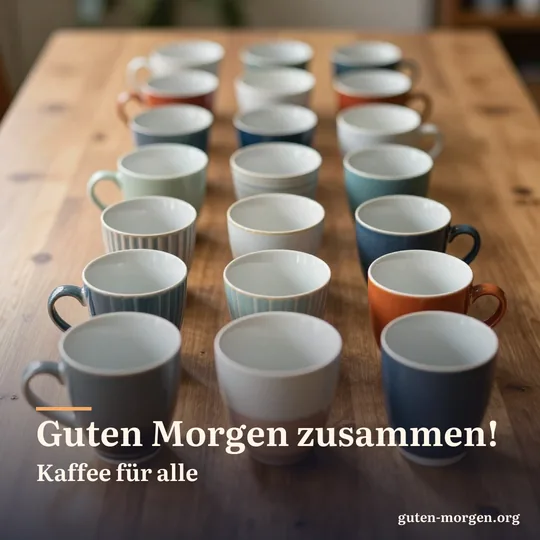 Viele bunte Keramiktassen in einer langen Reihe auf einem Holztisch, von oben gesehen, warmes Morgenlicht; Schrift: „Guten Morgen zusammen! Kaffee für alle“