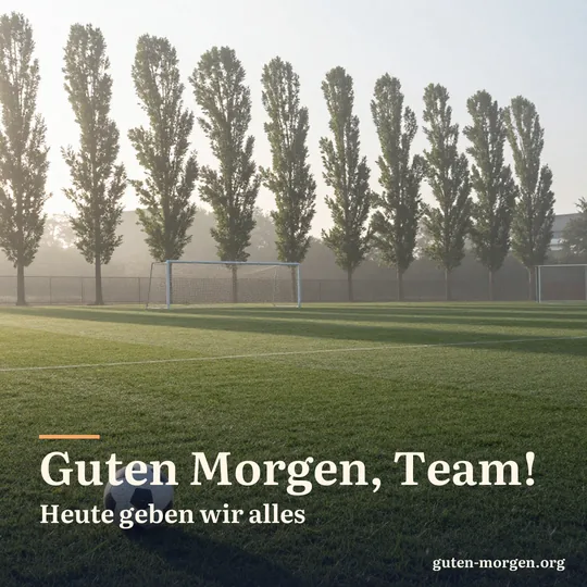 Nebliger Fußballplatz eines kleinen Sportvereins bei Sonnenaufgang, ein einzelner Ball im taunassen Gras, dahinter ein Tor; Schrift: „Guten Morgen, Team! Heute geben wir alles“