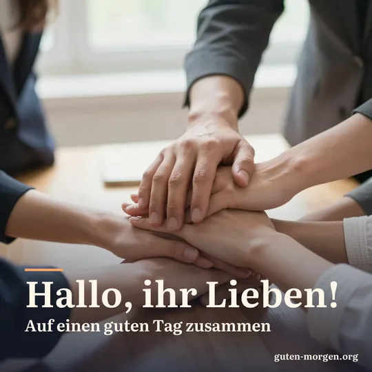 Nahaufnahme vieler übereinandergelegter Hände über einem Holztisch, warmes Morgenlicht vom Fenster; Schrift: „Hallo, ihr Lieben! Auf einen guten Tag zusammen“