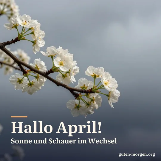 Weiße Birnenblüten im Morgenlicht vor einer dunkelgrauen Schauerwolke, Regentropfen auf den Blütenblättern; Schrift: „Hallo April! Sonne und Schauer im Wechsel“