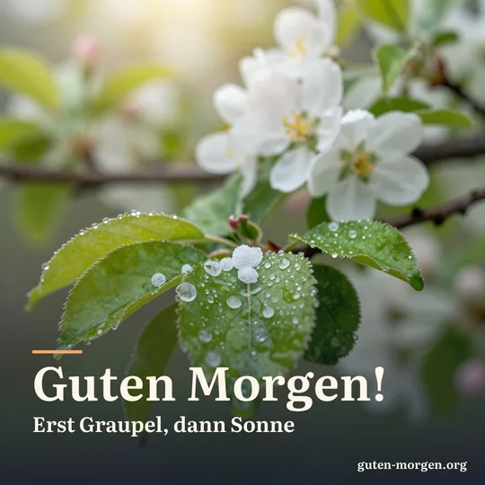 Kleine weiße Graupelkörner auf frischen Blättern und Blüten, nach dem Schauer bricht die Sonne durch; Schrift: „Guten Morgen! Erst Graupel, dann Sonne“