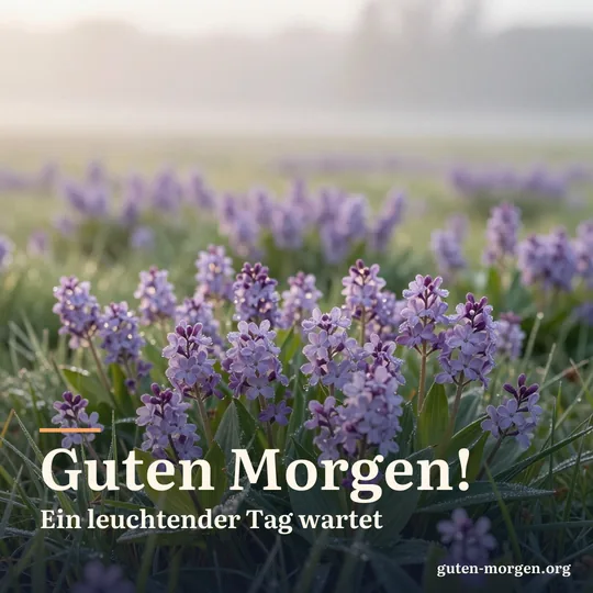 Eine Frühlingswiese voller blasslila Wiesenschaumkraut bei Sonnenaufgang, Tau liegt auf dem Gras; Schrift: „Guten Morgen! Ein leuchtender Tag wartet“