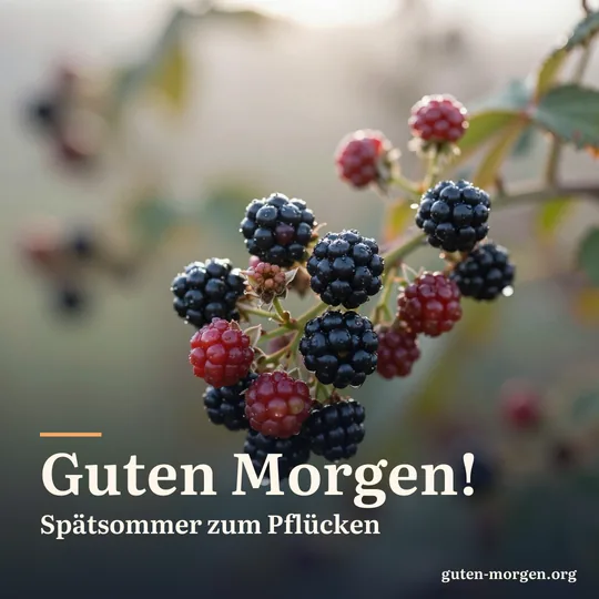 Reife Brombeeren und rote unreife Beeren mit Tautropfen an einer Ranke im Gegenlicht des Morgens; Schrift: „Guten Morgen! Spätsommer zum Pflücken“