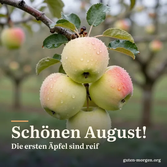 Frühe gelbrote Äpfel mit Tau an einem Zweig im Morgenlicht, dahinter ein verschwommener alter Obstgarten; Schrift: „Schönen August! Die ersten Äpfel sind reif“