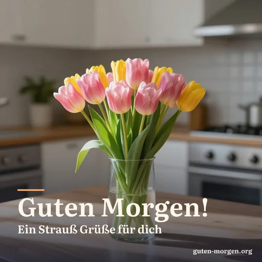 Strauß rosa und gelber Tulpen in einer schlichten Glasvase auf einem Küchentisch, die Morgensonne wirft farbige Schatten; Schrift: "Guten Morgen! Ein Strauß Grüße für dich"