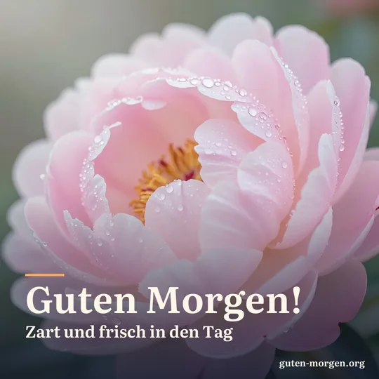 Nahaufnahme einer zartrosa Pfingstrose mit Tautropfen im frühen Morgenlicht; Schrift: "Guten Morgen! Zart und frisch in den Tag"