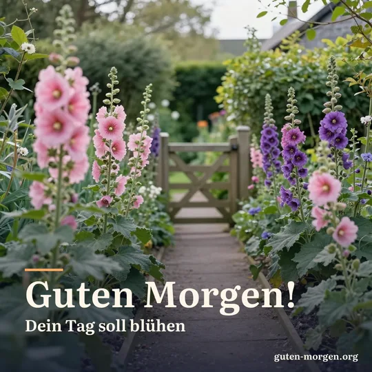 Schmaler Weg durch einen Bauerngarten mit hohen rosa Stockrosen und lila Fingerhut, im Hintergrund ein Holztor; Schrift: "Guten Morgen! Dein Tag soll blühen"