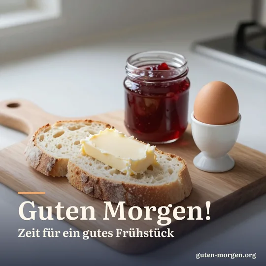 Holzbrett mit knusprigem Brot, Butter, Erdbeermarmelade im Glas und einem weichen Ei im Eierbecher in einer sonnigen Küche; Schrift: "Guten Morgen! Zeit für ein gutes Frühstück"